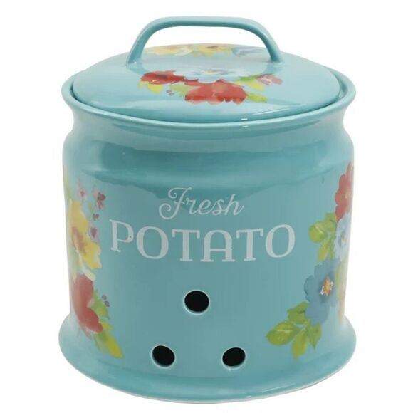 🌸 New The Pioneer Woman Breezy Blossoms 9.5-Inch Potato Keeper - Canister Teal - Picture 3 of 7